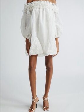 cinq a sept White Off-Shoulder Bubble Mini Skirt